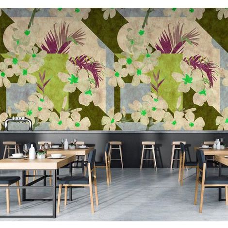 Papier peint panoramique floral vert et blanc Tapisserie panoramique graphique tendance Papier peint panoramique pour chambre (1/3)