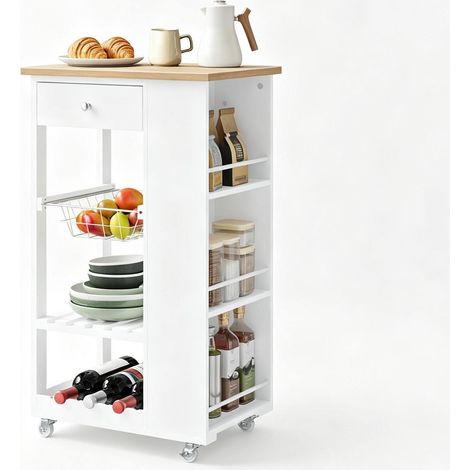 CHICFURN Carrello da cucina 56,5x37x87 cm in bambù bianco con vani portaoggetti e ruote (1/5)