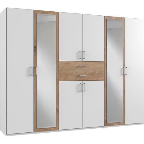 Armoire Placard, meuble de rangement avec 2 miroirs coloris Blanc, rechampis imitation chêne poutre - Longueur 270 x Hauteur 208 x Profondeur 58 cm (1/3)