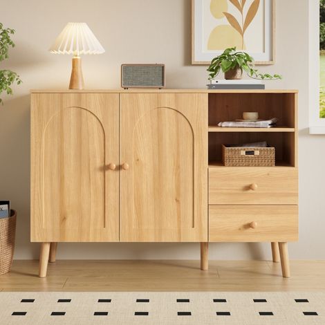 Buffet bas, 118x35x82 cm, bahut meuble de rangement pour salon salle à manger entrée, en bois avec 2 portes arquées 2 tiroirs et niches, Naturel (1/5)