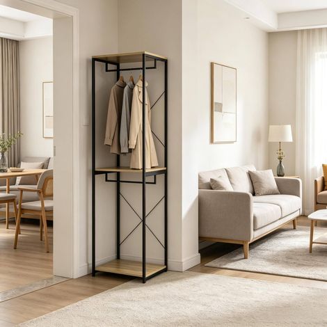 Appendiabiti aperto in MDF e acciaio nero rovere con 2 barre appendiabiti, 60 x 40 x 213 cm, struttura da pavimento (1/5)
