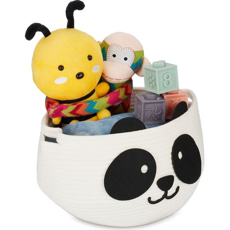 Relaxdays Cesta Infantil de Algodón, Diseño de Panda, Organizador Juguetes, Ropa o Pañales, 24,5 x 35 cm, Blanco y Negro