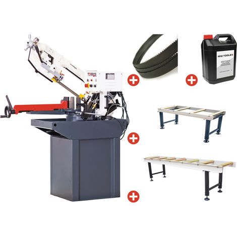 Torros – Scie à ruban pour métaux 225 mm – Angle réglable jusqu'à 60° – Vitesse variable 20-80 m/min – Moteur 1,11 kW 230V – 2 convoyeurs inclus