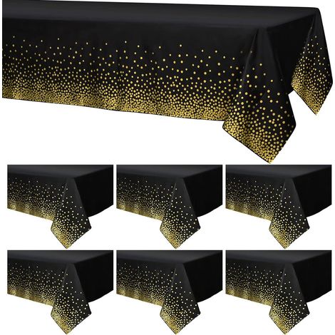 Lot de 6 nappes à pois noirs et dorés (137 x 274 cm), rectangulaires, imperméables et jetables, idéales pour les fêtes, les pique-niques et les anniversaires (avec confettis). (1/5)
