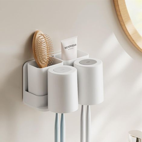 1 Support Brosse à Dents Mural, Sans Perçage, 2 Tasses, 2 Boîtes Détachables, Rangement Salle de Bain (1/5)