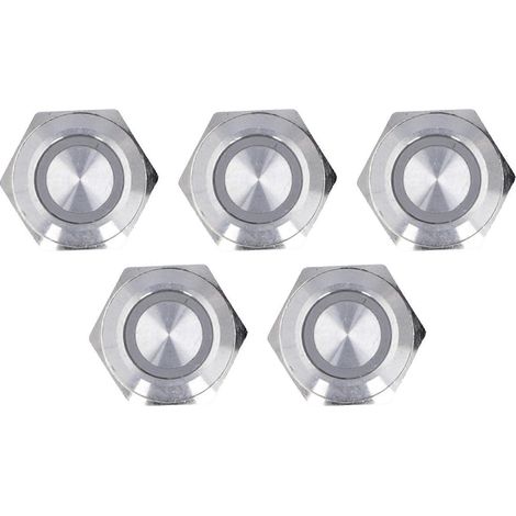 Lot de 5 interrupteurs à bouton-poussoir momentanés en métal avec LED, 16 mm, 12-24 V CC, ultra-fins et étanches. (1/5)