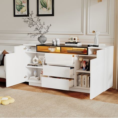 Madia 140x40x68 cm bianco e nero in truciolare con finitura lucida, 2 ante, 3 cassetti e LED (1/5)
