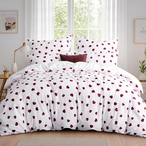 Parure de lit 3 pièces, housse de couette 200 x 200 cm avec 2 taies d'oreiller 80 x 80 cm - En microfibre - Motif cœur blanc et rouge - Doux et infroissable (1/5)