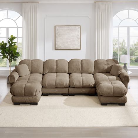 Divano a forma di U per 4 persone, in tessuto chenille, divano angolare modulare con 2 pouf mobili, design a trapunta fine, morbido e di supporto, schienale ergonomico, facile da montare, marrone (1/5)