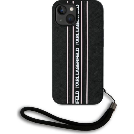 Funda Karl Lagerfeld Saffiano Athleisure Stripes Cord para iPhone 15, color negro y rosa. (1/5)