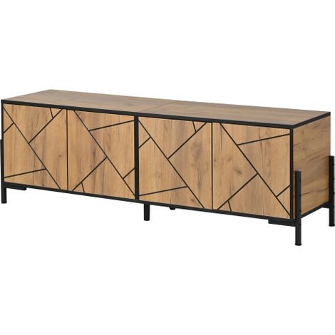 Meuble TV industriel à cadre métallique noir et décor géométrique 153×40×50cm, adapté pour téléviseur environ 65 pouces, 4 portes à rangement étagé pour salon