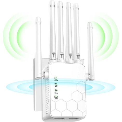 Amplificateur de signal Wi-Fi, répéteur de signal Internet, répéteur Wi-Fi longue distance, 6 antennes, couverture complète à 360°, blanc