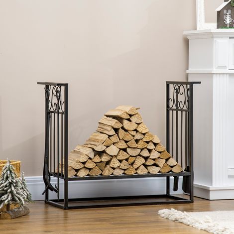 Estante para Leña de Chimenea 75x30x60 cm Soporte para Leña Tradicional Portaleña de Diseño Vintage con 4 Herramientas Base Elevada Carga Máx. 100 kg Acero para Interior y Exterior Negro (1/5)
