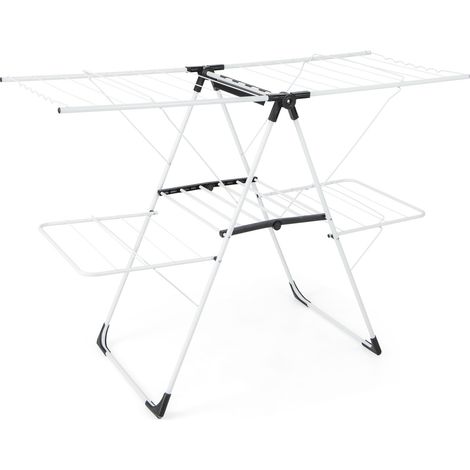 Étendoir à linge pliable gris avec ailes réglables en hauteur, clips à chaussettes et tubes antirouille pour balcon et buanderie (1/5)