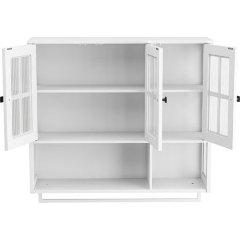 Weiße hängende Badezimmerkommode aus MDF und gehärtetem Glas mit 3 Türen und Handtuchhalter (1/5)