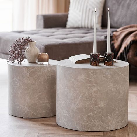 Lot de 2 tables basses rondes 38/48x36/40 cm effet marbre beige - AXYS