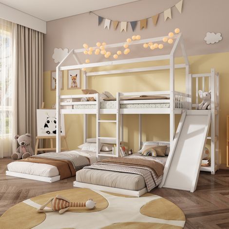 Litera 90x200 cm blanca de pino y MDF con tobogán y 3 camas (1/5)