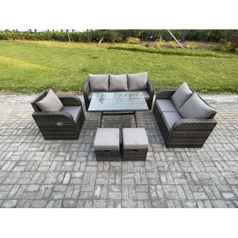 Fimous 8-Sitzer Polyrattan Gartenmöbelset Garten Lounge Set mit Esstisch 2 kleine Fußhockern Dunkelgrau Gemischt (1/5)