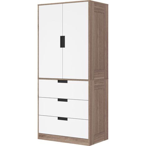 Armadio a 2 ante, armadio moderno con 3 cassetti e asta appendiabiti per camera da letto, marrone