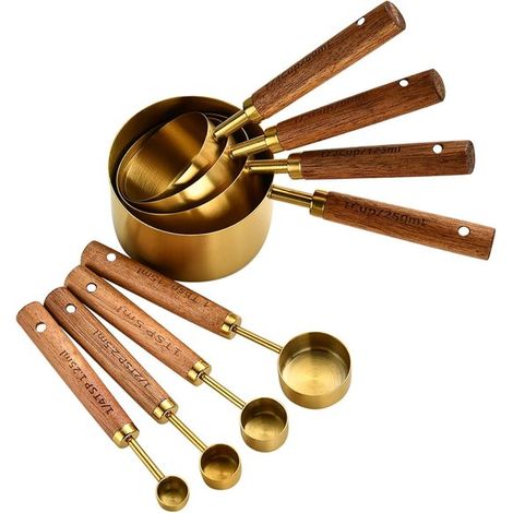Set di misurini e cucchiai dosatori in acciaio inox (8 pezzi) con manici in legno per cucinare e cuocere al forno. (1/5)