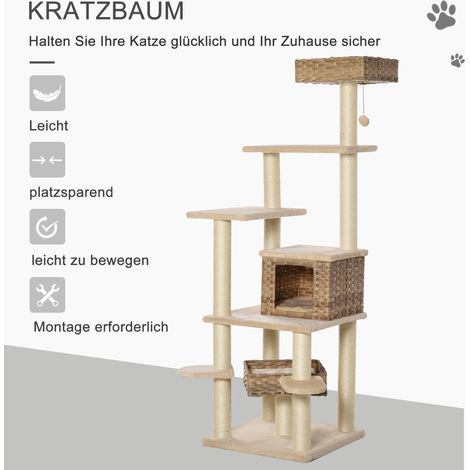 Arbre à chat en rotin avec cabane, griffoir à étages en sisal et MDF E1, beige et marron, 55 x 55 x 174 cm