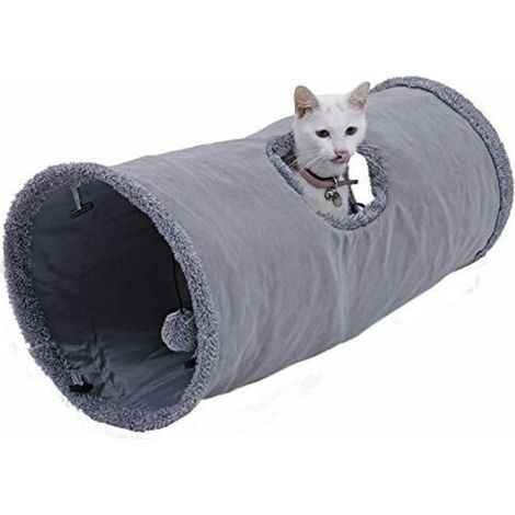 Jouet Tunnel pour Chat en Daim, Grand Tunnel a Chat Pliable avec 2 Trous et Boule Suspendue pour Chats Chatons Lapins Dia25 50cm