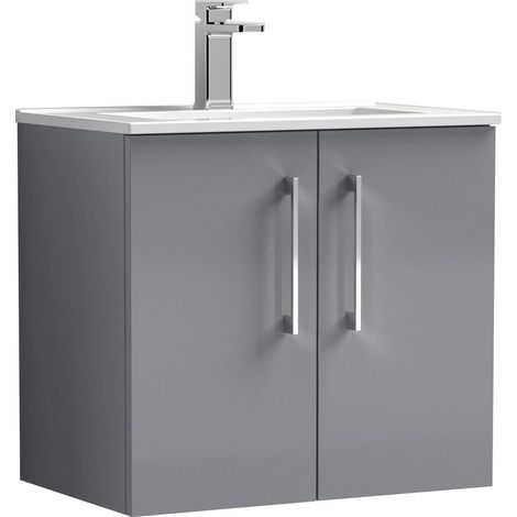 Balterley Bramshall Modern Bathroom 2 Soft Close Door & Minimalist Wall Hung Vanity Unit Basin, Satin Grey, 6000mm