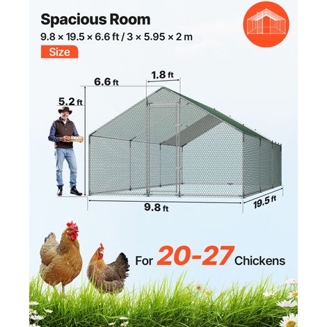 Grand Enclos Poulailler en Métal 3x5,95x2 m, Parc Grillagé pour Poules avec Toit en Pointe, Bâche en PE, Porte avec Loquet, Poulail… (1/5)
