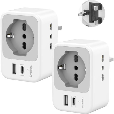 Adaptateur Prise Anglaise vers Italienne Pack de 2 Avec USB C et USB A, 5 en 1, 3250 W, Pour Royaume-Uni, Irlande, Ecosse