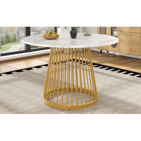 Table ronde à manger 80 x 80 x 76cm plateau marbre MDF, pieds métal dorés, pour 4 personnes cuisine / salon