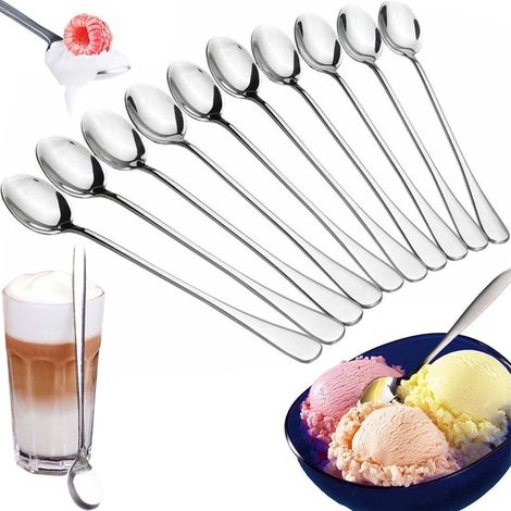 Lot de 10 cuillères à dessert 19,5 cm en acier inoxydable, longues cuillères pour sorbet, glace, thé, yaourt, latte macchiato et cocktails, argent (1/5)