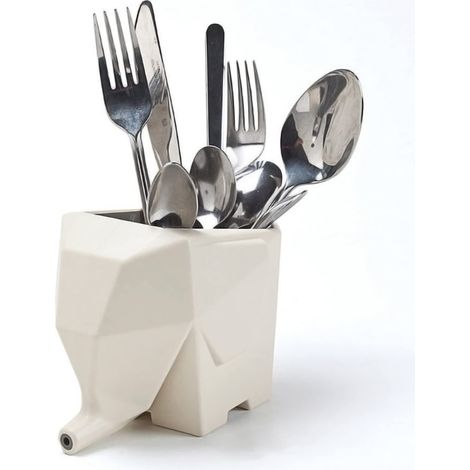 Porte-ustensiles de cuisine en forme d'éléphant blanc avec trou d'évacuation pour ranger couteaux et fourchettes (1/3)