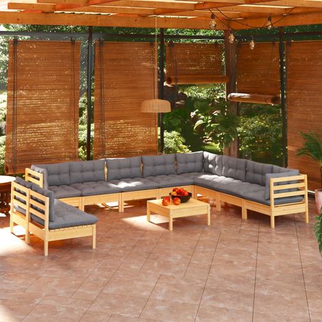 11-tlg. Garten-Lounge-Set mit Grauen Kissen Massivholz Kiefer vidaXL (1/5)