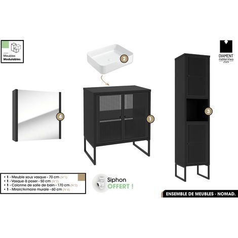Ensemble complet de salle de bain - Meuble - Colonne - Miroir - Vasque avec Siphon OFFERT NOMAD NOIR 70 x 80 x 43 cm (1/5)