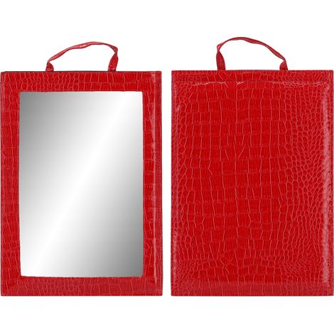 Espejo con asa, de piel ecológica, rojo, para peluquería. (1/3)