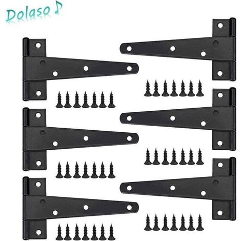 Charniere Porte Lourde 6pcs, Charniere Porte 6 Pouces, Charnière en T Noires, Charniere Plate Inox Charnières de Portes en Fer Charnières Robustes pour Portes, Fenêtres, Abris de Jardin (1/4)