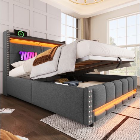Letto imbottito moderno 160x200 cm grigio, con testiera contenitore, USB, LED e vano letto con sollevamento idraulico (1/5)