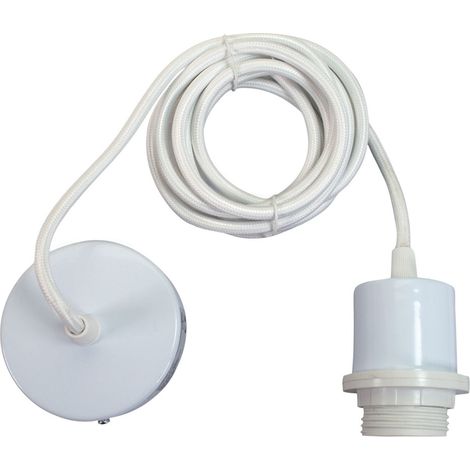 Monture suspension luminaire métal blanche, câble tissu, équipée d'une douille E27 pour abat jour, 60W maxi - Tibelec (1/5)