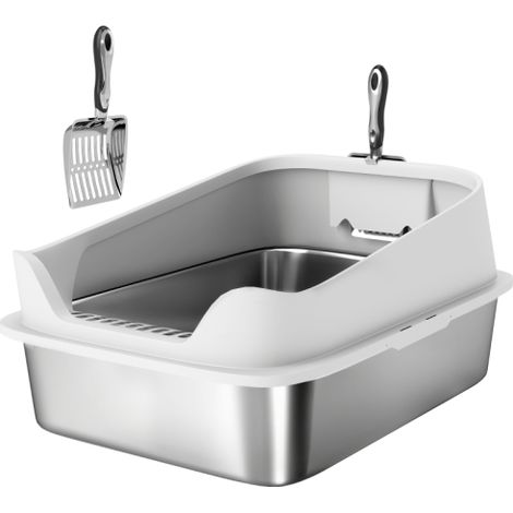 XL Stainless Steel Cat Litter Box with High Sides,includes Metal Scoop,dimensions 60x40x30 cm for enhanced durability.
