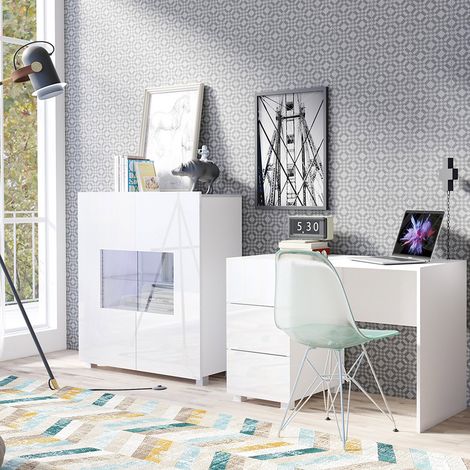 Büro Möbel Set in weiß Hochglanz mit LED Beleuchtung CAIRNS-132, B/H/T ca. 225/107/50 cm (1/4)