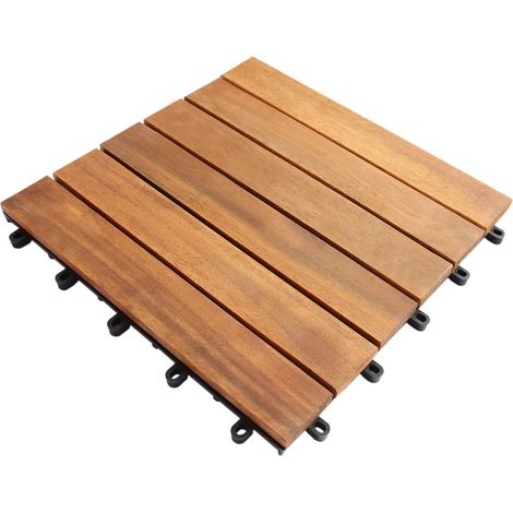 Monster-Shop – Wooden decking tiles pack of 39 – 100% FSC acacia wood – Easy click installation – Durable plastic base for reduced water damage (1/5)