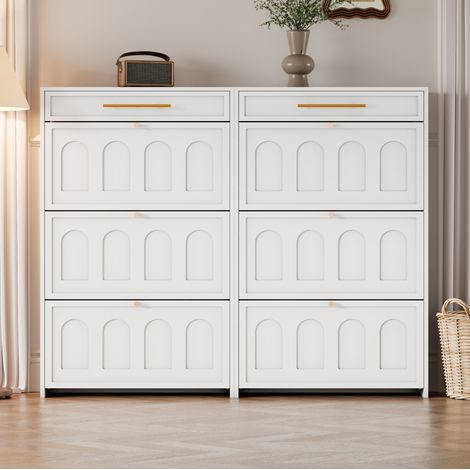 Scarpiera moderna 140x25x123.5 cm bianco in MDF con 12 ripiani regolabili e 2 cassetti (1/5)