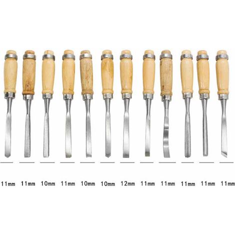Lot de 12 Gouges à Bois en Acier Robuste, Manche en Bois, Ciseaux à Bois Haute Dureté pour Travail du Bois et Menuiserie