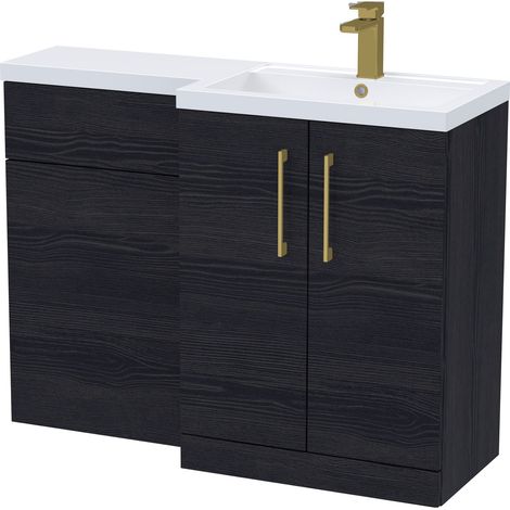Balterley Right-Hand Bathroom Vanity and WC Unit Combination with Basin - 1100mm - Woodgrain Black with Brushed Brass Handles