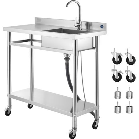 Mophorn Fregadero de acero inoxidable, dimensiones 1000 x 500 x 1055 mm, diseño de un seno con grifo y ruedas,ideal para cocina, restaurante,lavandería o uso exterior, incluye encimera izquierda,plata (1/5)