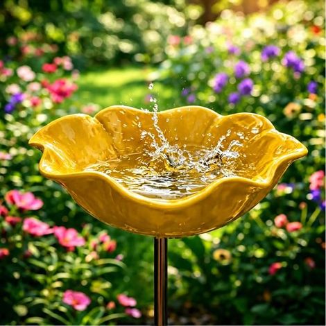 Bañera para pájaros de exterior de color amarillo intenso, macetero de jardín con soporte, comedero y bebedero para pájaros, apto para patio o jardín. (1/5)