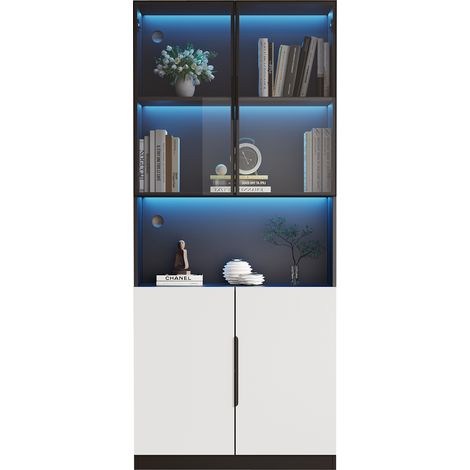 Vitrine LED 160x30x200 cm blanche noire portes vitrées (1/5)