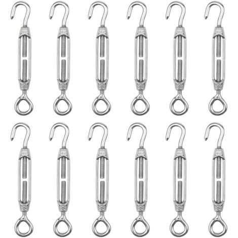 12 Pièces Tendeur en Acier Inoxydable 304, Robuste Tendeur Câble Filetés M4 Réglable, Tendeurs de Filin avec Crochet et Oeil pour Fil de Jardin, Clôture, Auvent, Corde à Linge, Le Support des Plantes