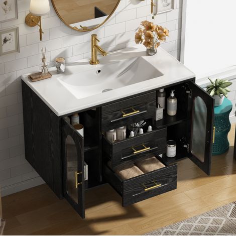 Mueble de baño suspendido de 76x46x55 cm con iluminación LED, 2 cajones y estantes ajustables, MDF efecto madera y cristal - negro (1/5)