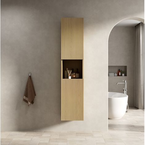 Mueble de baño suspendido estilo natural en contrachapado roble dorado, 2 puertas y 1 hueco abierto, altura 160 cm (1/5)